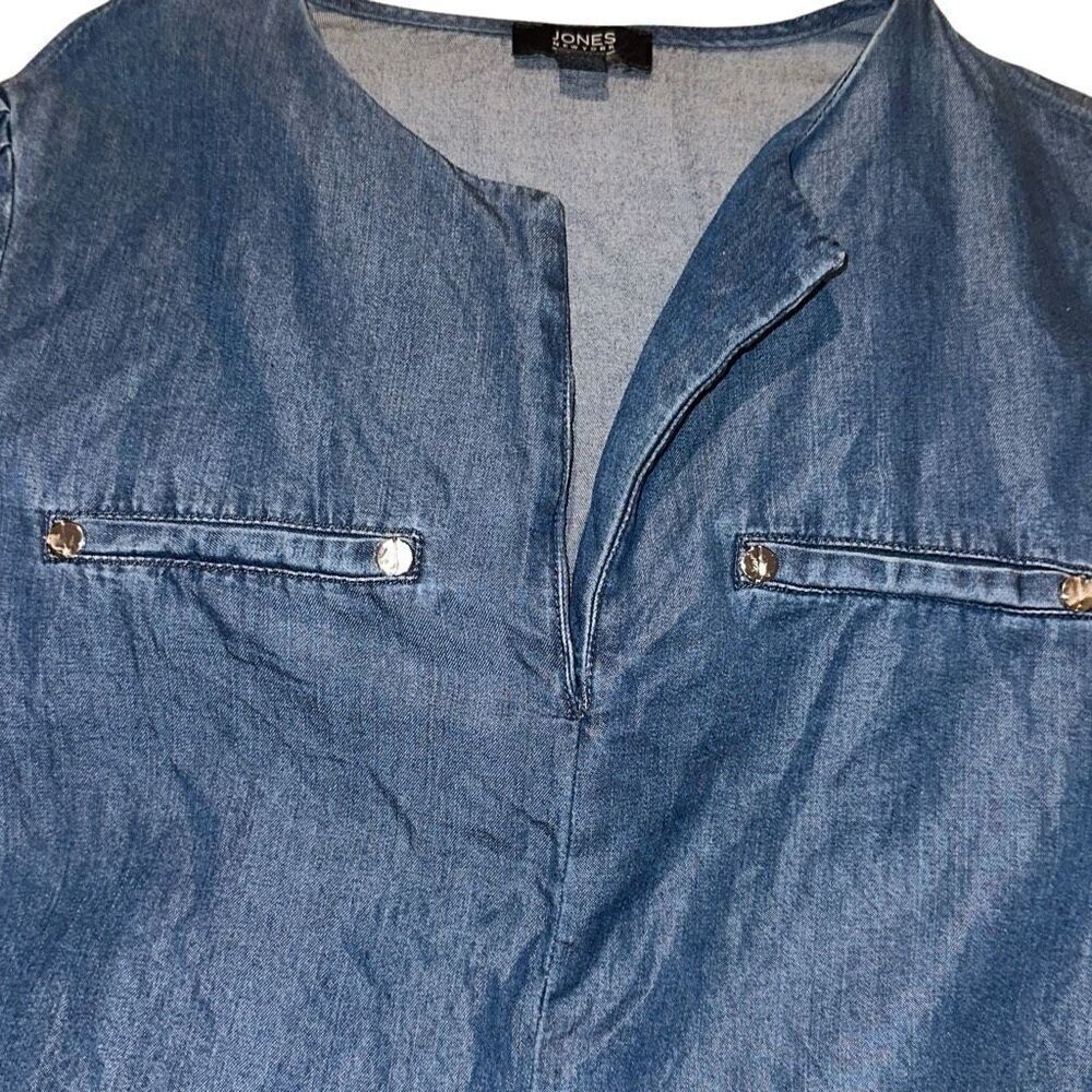 Jones New York Signature Blue Chambray Split Neck Long Sleeve Top Ladies Small